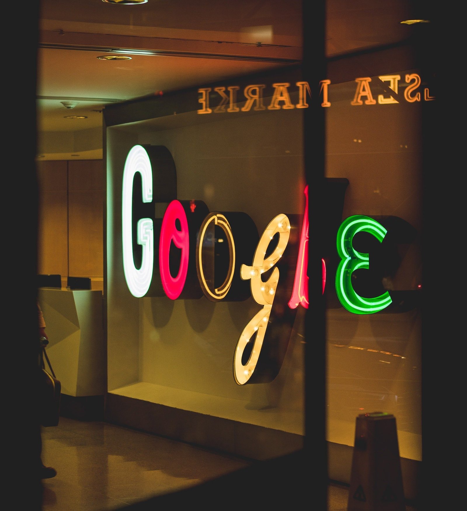Neon Google sign in an office building