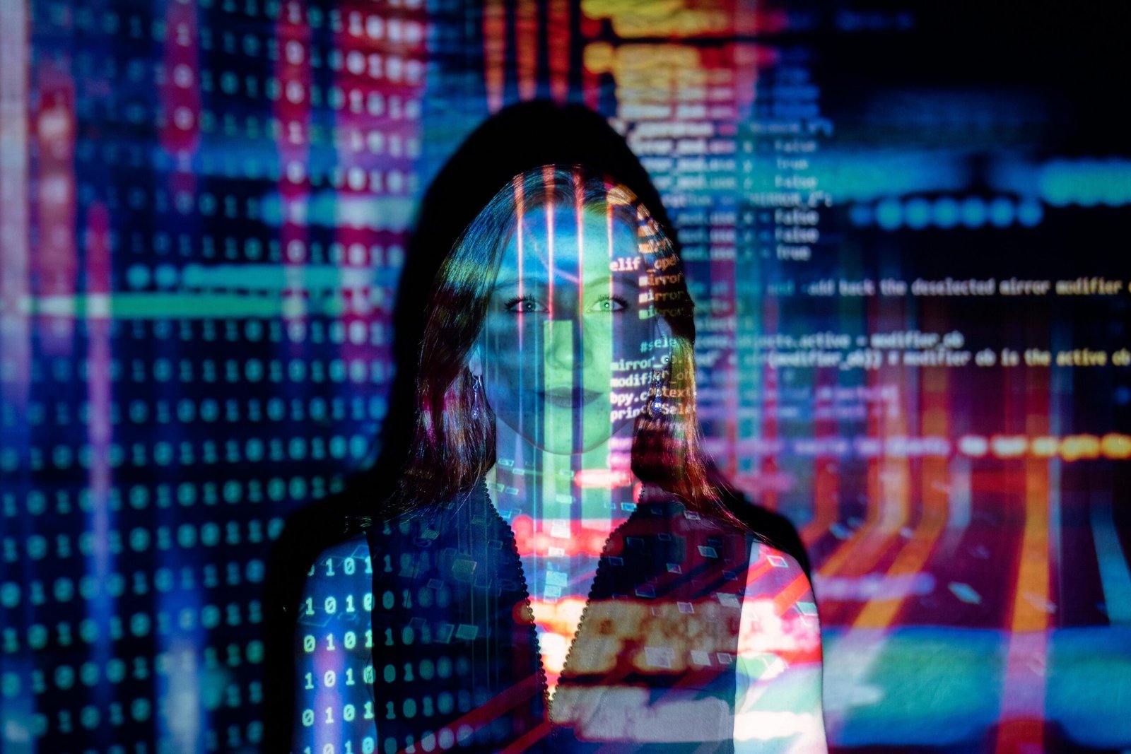 Girl with reflected code and data