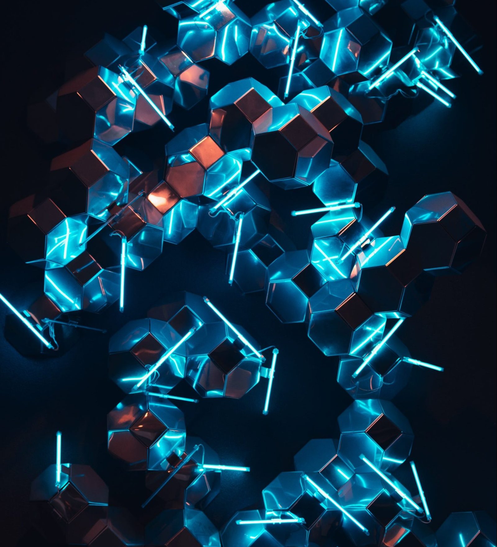 Abstract blue Neon Light with Mirrors and cubical spheres