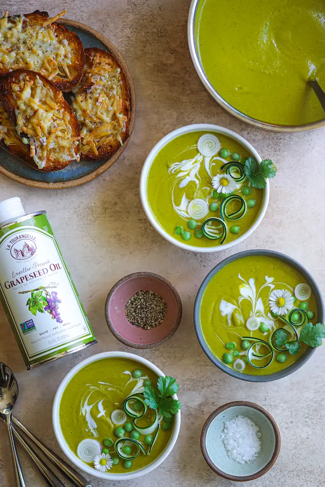 Bowls of delicious looking soup and toast with La Tourangelle grapeseed oil