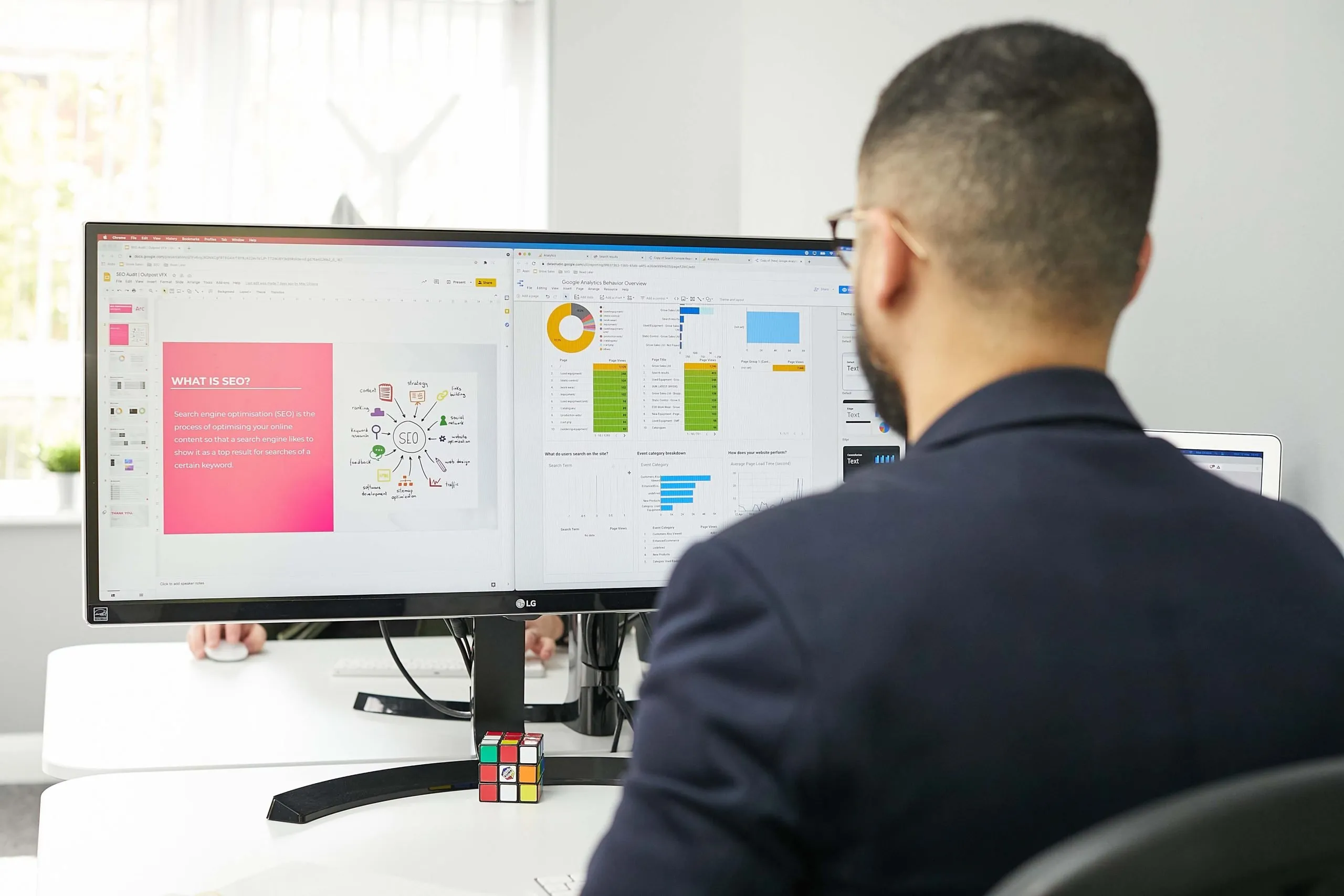 business man analyzing an seo presentation and various metrics on a computer