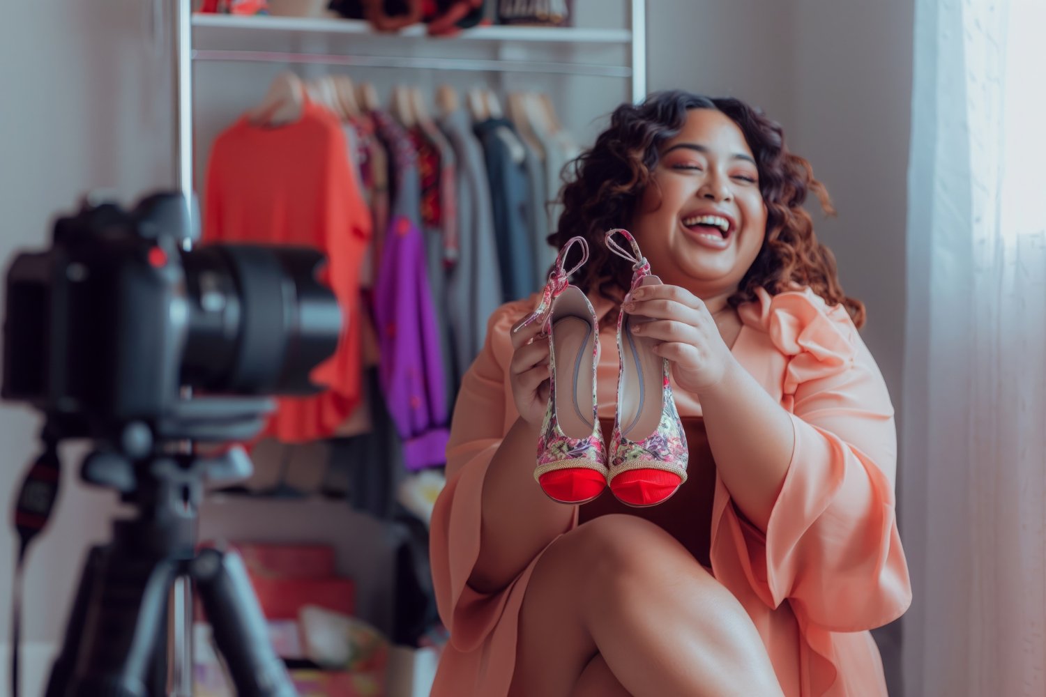 Influencer showcasing shoes while smiling