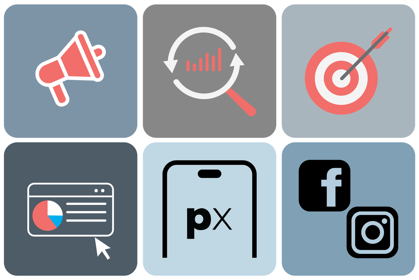 six different icons representing pactx services laid out across two rows