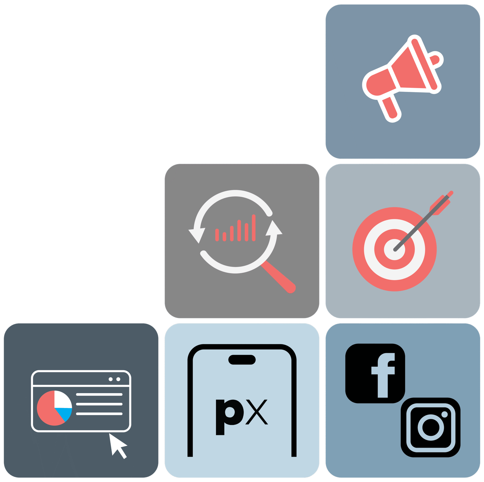 six different icons representing pactx services in the bottom right corner