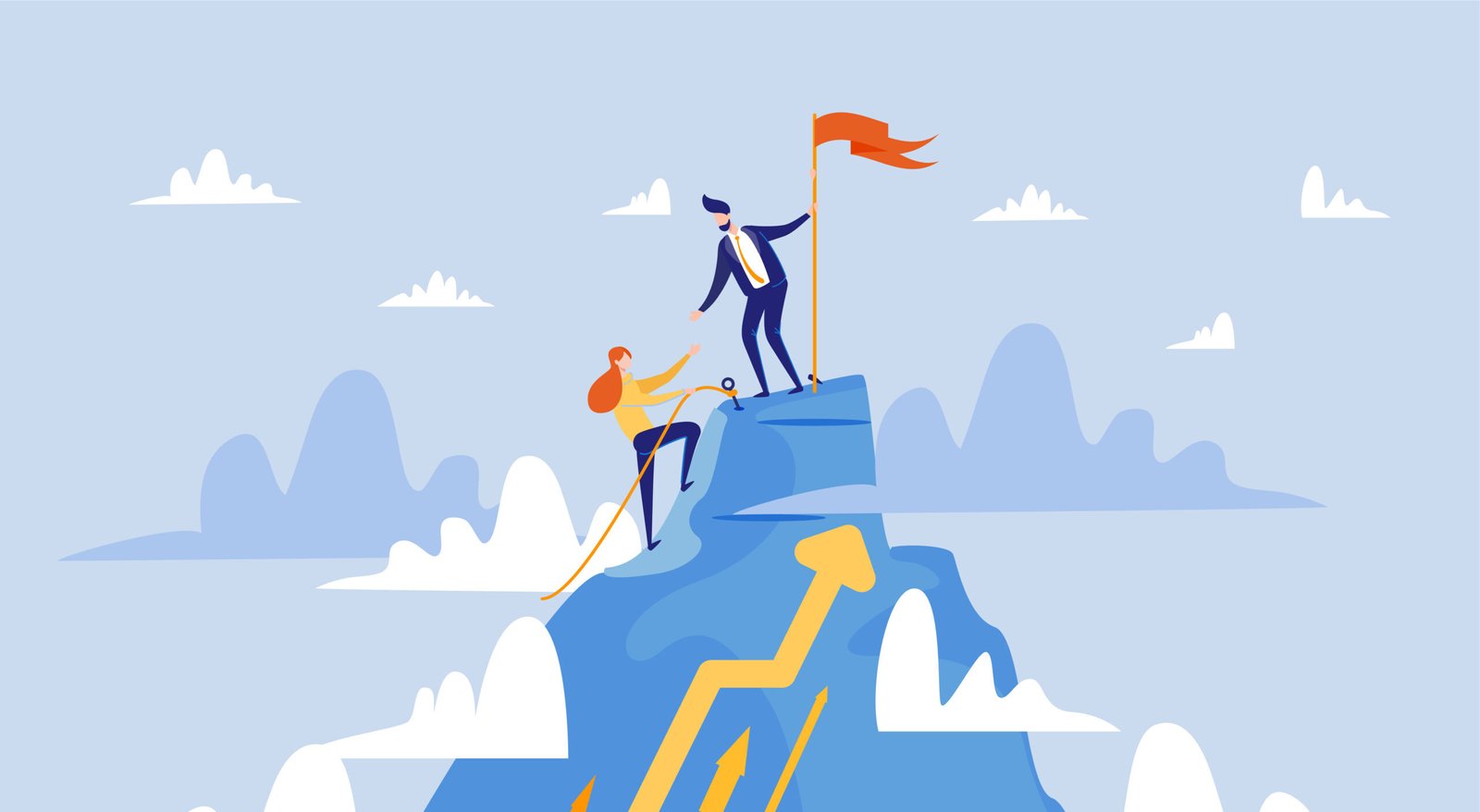 Two individuals climbing a mountain top together