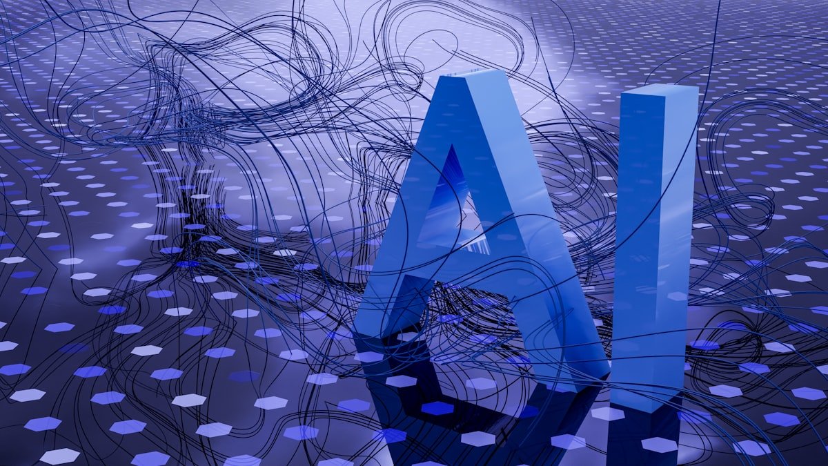 3D blue 'AI' letters on a digital hexagon pattern background.