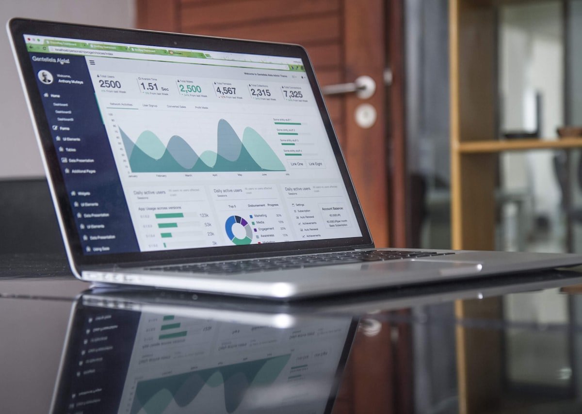 Laptop displaying an analytics dashboard with charts and metrics.